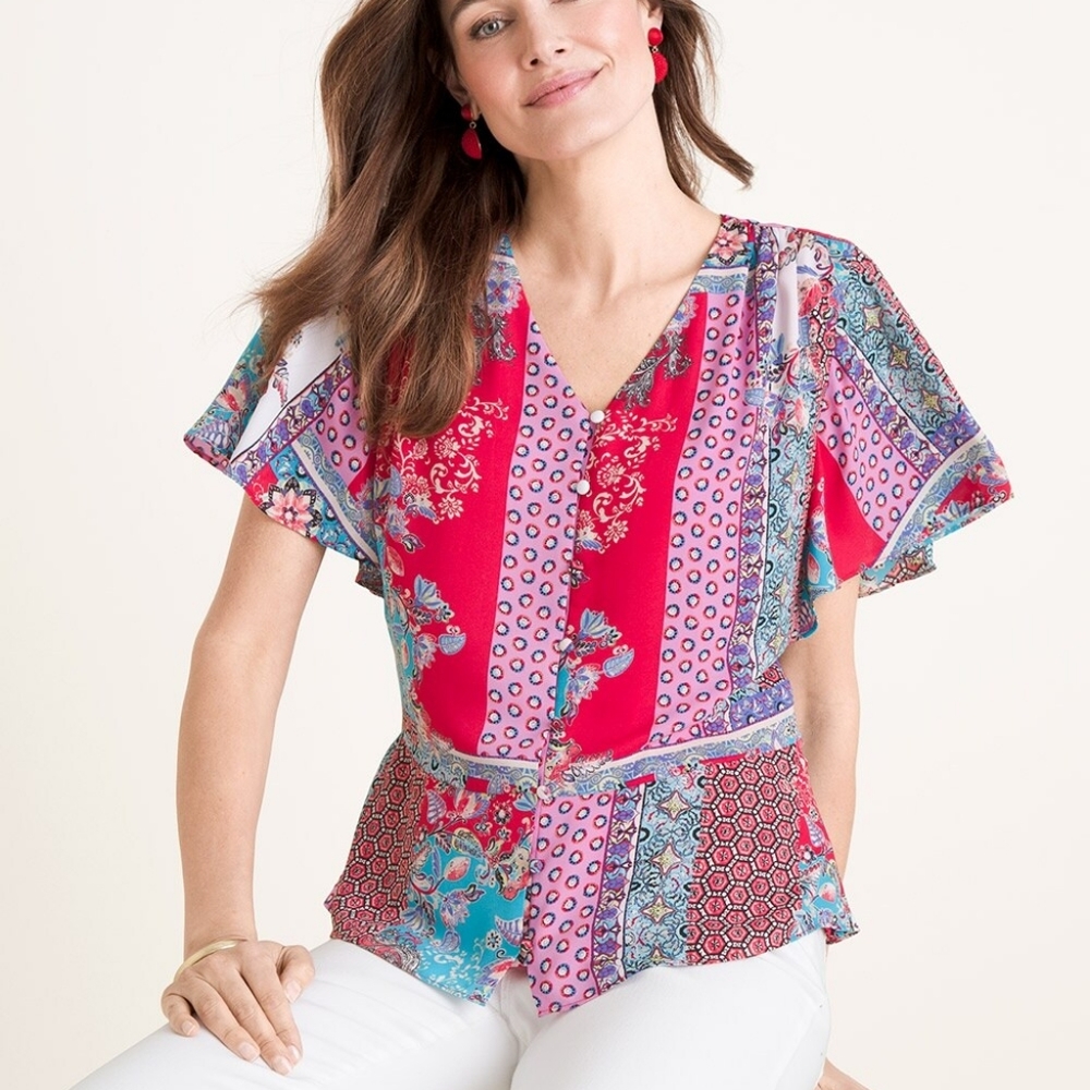 Chico's Patchwork Peplum Flutter-Sleeve Top